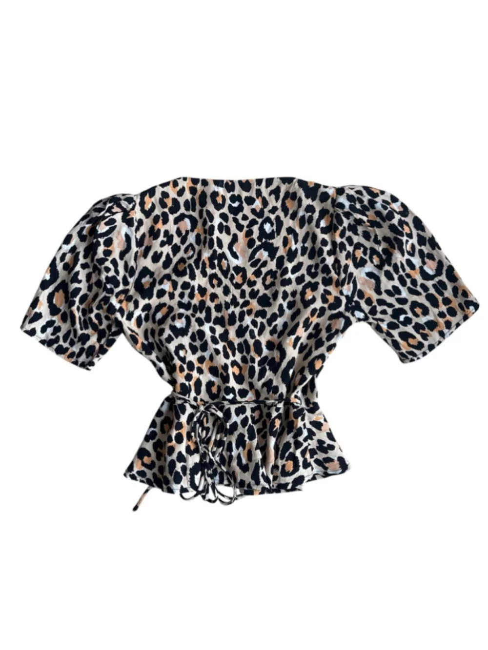 ASTR The Label Leopard Puff Sleeve Peplum Wrap Blouse Cotton XS Animal Print